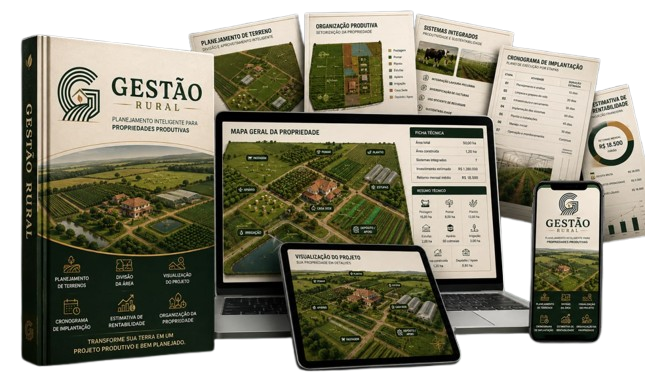 Mockup do kit digital Gestão Rural com projetos de sítios e chácaras